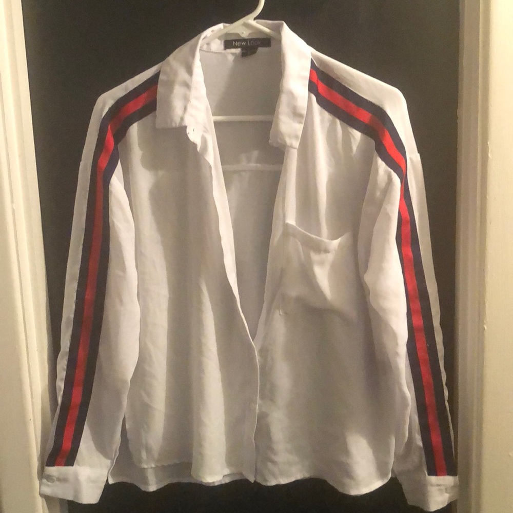 White Blouse with Red&Blue strips on sleeves
